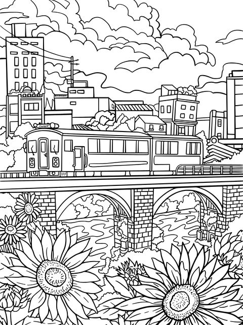 City Tram Landscape Coloring Page