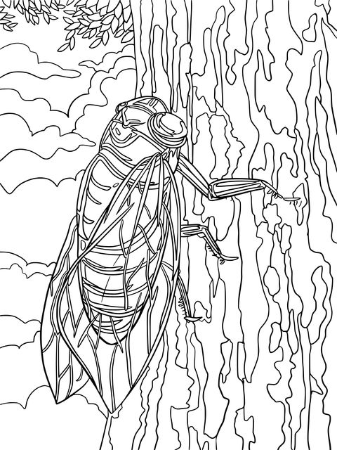 Coloring Page of a Cicada on a Tree Trunk