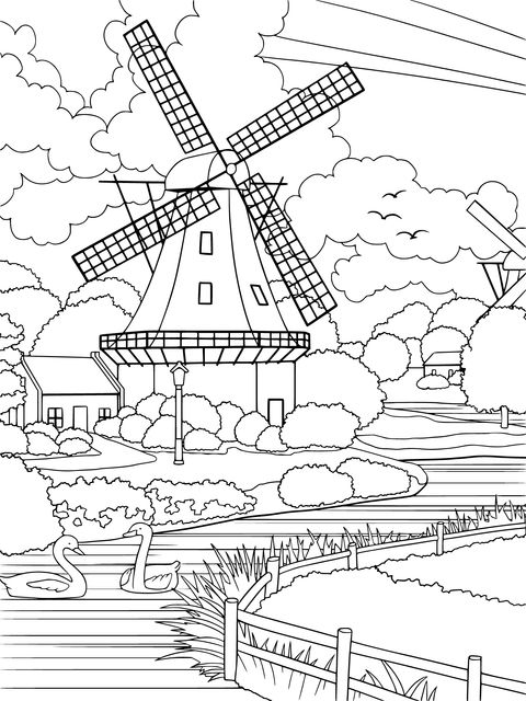 Pastoral Windmill Landscape Coloring Page