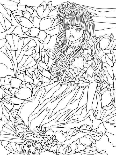 Dreamy Girl in Lotus Flowers Coloring Page