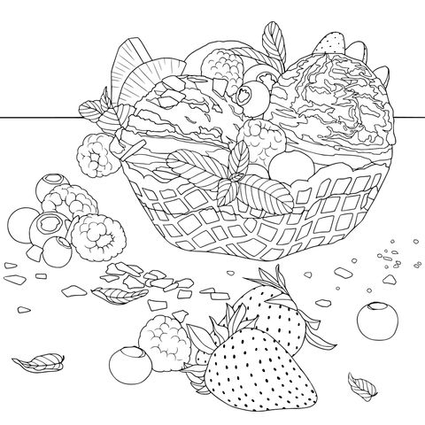 Delicious Ice - Cream and Fruits Coloring Page