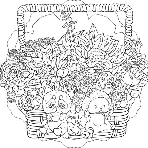 Página de Colorear con Adorables Animales y Canasta de Flores