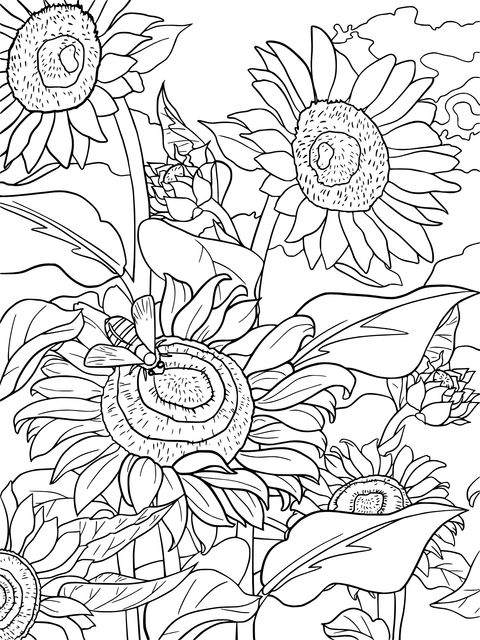 Página de colorear de girasoles y abeja