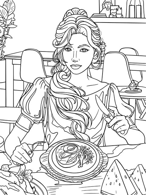 Coloring Page of a Girl with Pink Long Hair Having a Meal