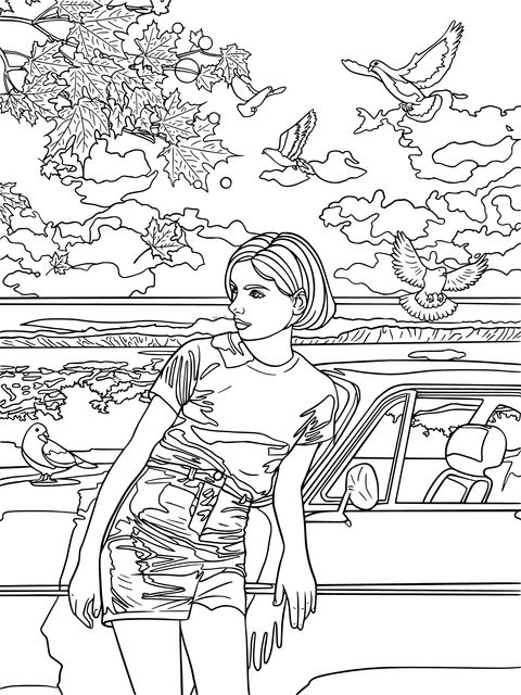 Girl and Car by the Seaside in Autumn