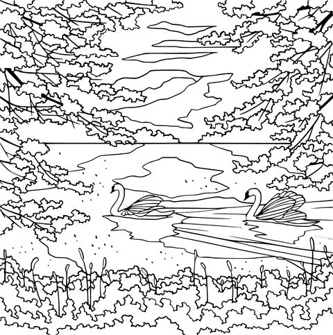 Autumn Lake Scene with Swans Coloring Page