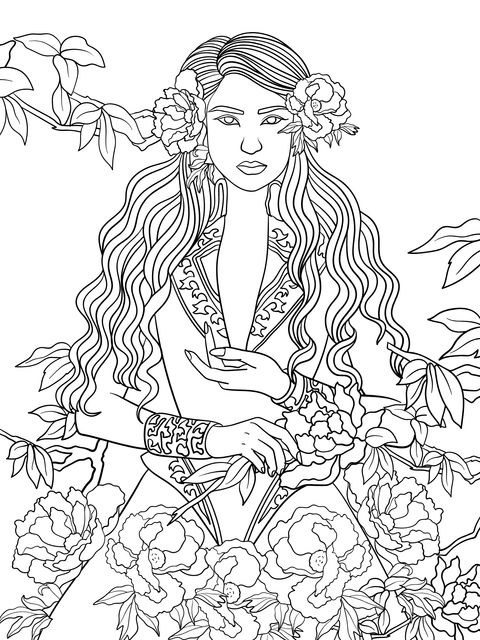 Coloring Page of a Woman Surrounded by Flowers