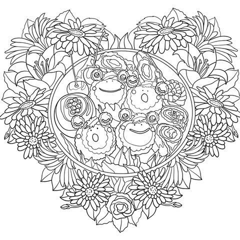 Página de colorear en forma de corazón con ranas y flores