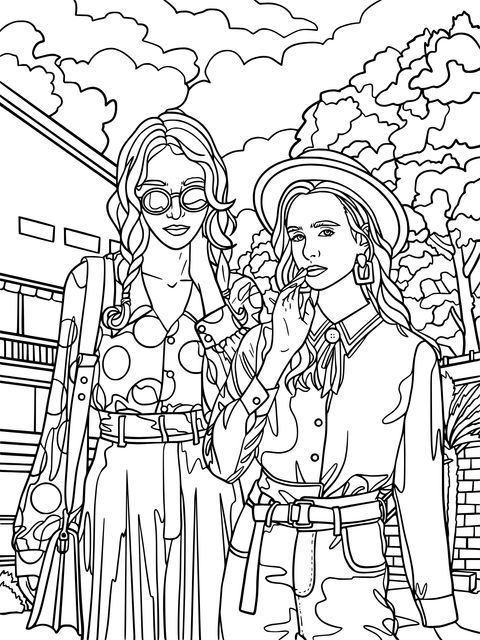 Fashionable Girls Outdoor Scene Coloring Page