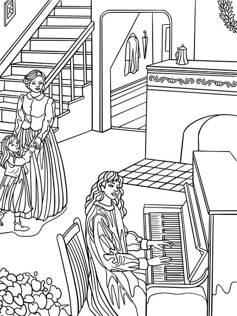 Vintage Interior Scene Coloring Page: Piano - playing and Interacting Figures