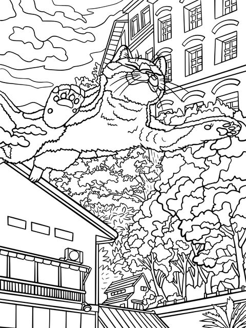 Flying Cat in the Air Coloring Page