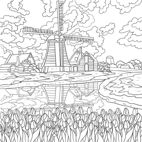 Windmill and Tulips in Pastoral Scene Coloring Page