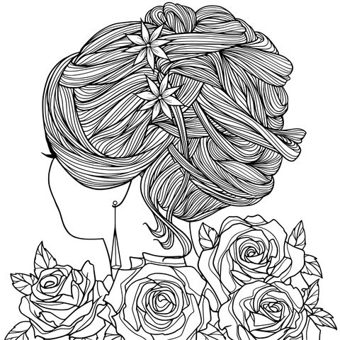 Página para colorir de um lindo penteado e rosas