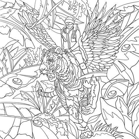 Fantasy Tiger - Riding Illustration Coloring Page