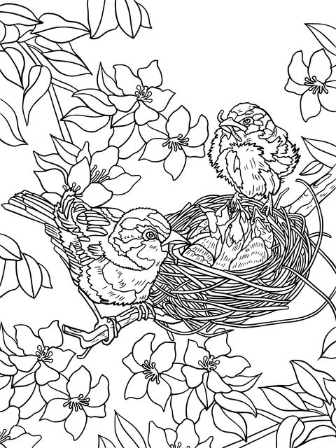 Flower - Bird Coloring Page: Birds Perched on Flower - laden Branches