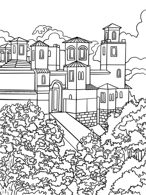 Página de Colorear de Paisaje con Castillo