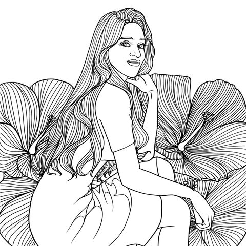 Red - Haired Woman and Flowering Blooms Coloring Page