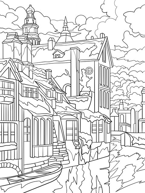 Dreamy Town Landscape Coloring Page