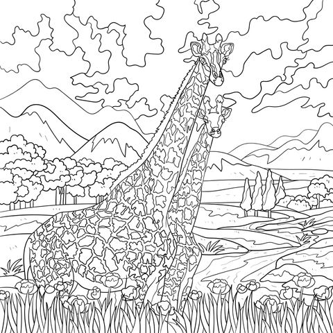 Página para colorir de uma girafa - mãe e filhote em uma paisagem pitoresca