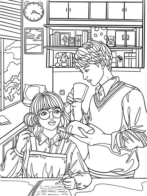 Parent - Child Interaction Coloring Page: A Warm Learning Scene