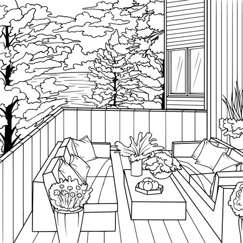 Cozy Terrace Scenery Coloring Page