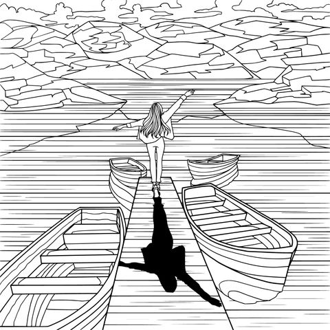 Coloring Page of a Girl Standing on a Pier