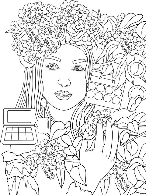 Coloring Page of a Woman Holding Cosmetics and Flowers