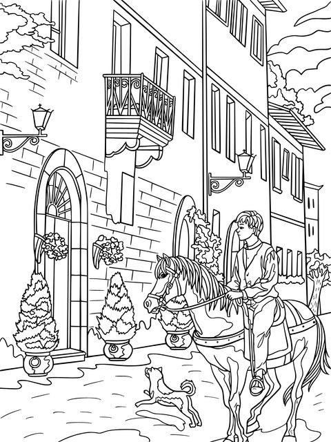 Coloring Page of a Teenager Riding a Horse on a Medieval Street