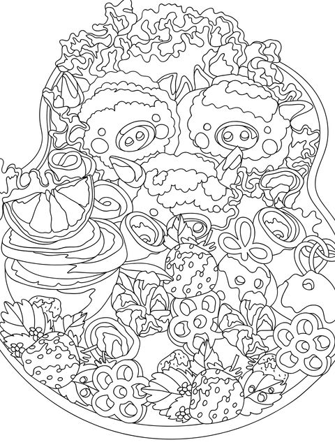 Adorable Piglets and Colorful Fruits and Vegetables Coloring Page