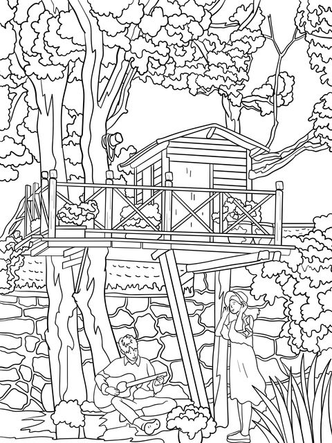 Coloring Page of Leisure Time by the Tree - house