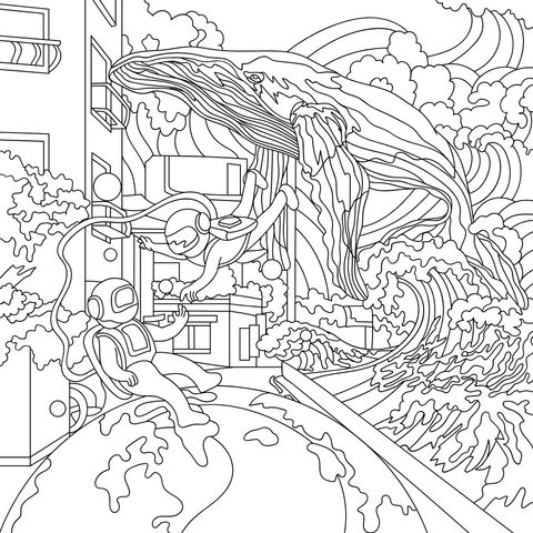 Fantasy Astronaut and Whale Coloring Page