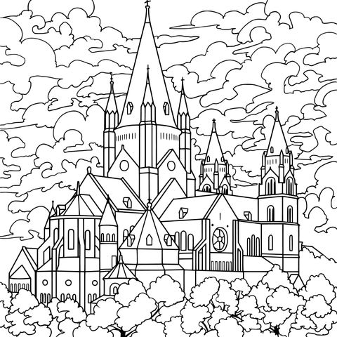 Coloring Page of a Colorful Castle: Dreamy Architecture and Natural Beauty