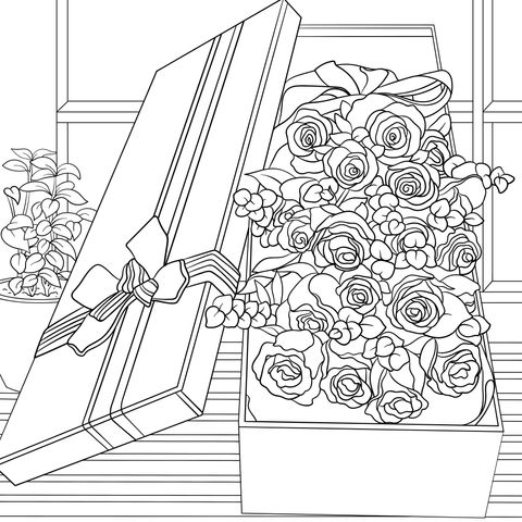 Colorful Roses in an Exquisite Gift - Box Coloring Page