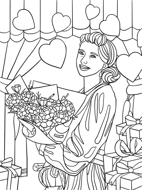 Página de colorear de ilustración de mujer alegre con flores y regalos