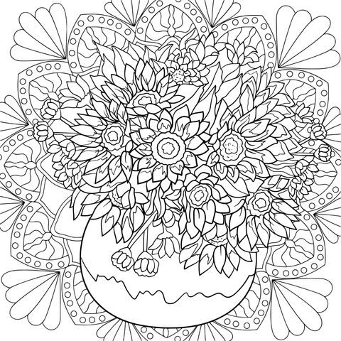 Página para colorear de mandala con girasoles en un florero