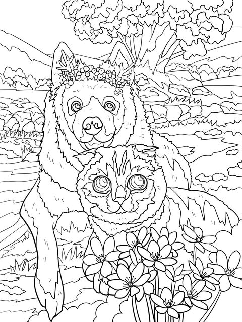 Coloring Page of a Cat and a Dog in a Pastoral Scenery