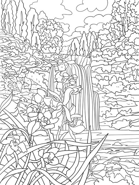 Beautiful Waterfall and Blue Flower Scenery Coloring Page