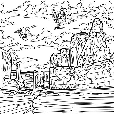 Flying Geese and Magnificent Rock Landscape Coloring Page