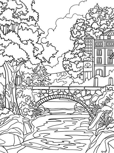 Scenic Coloring Page: Stone Bridge, Flowing Water and Colorful Buildings