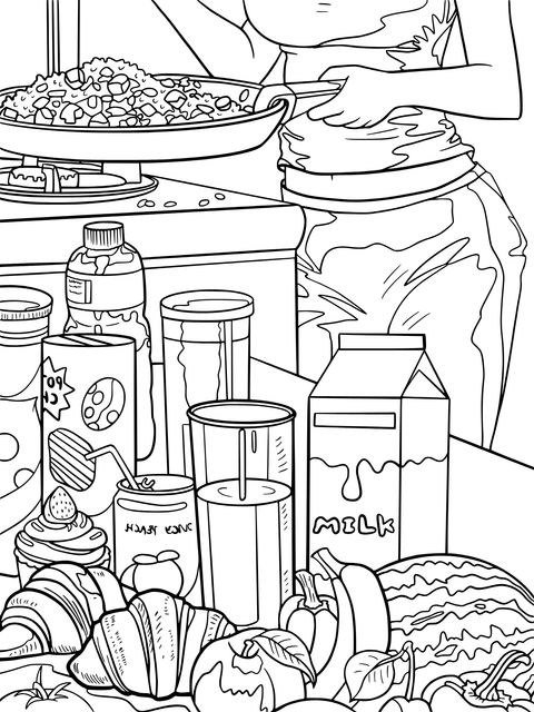 Kitchen Cooking and Colorful Food Coloring Page