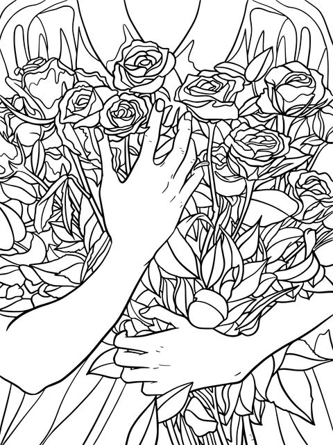 Ilustración de página para colorear de una persona sosteniendo un ramo de rosas