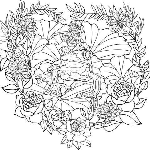 Página para colorear de rana y flores