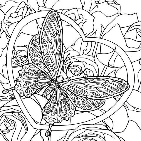 Página de colorear de mariposa y rosas