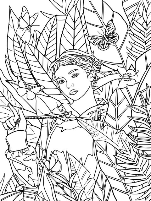 Dreamy Coloring Page of a Figure Surrounded by Butterflies and Green Leaves