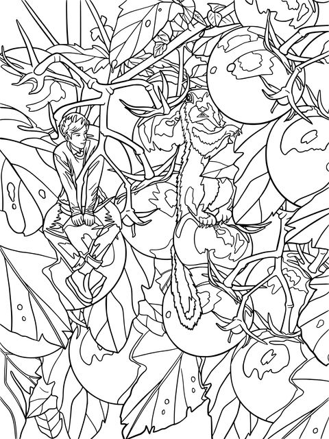 Coloring Page: Boy and Squirrel in a Tomato - Filled Fantasy World