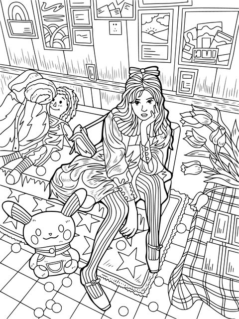 Coloring Page of a Girl in a Cozy Room Scene