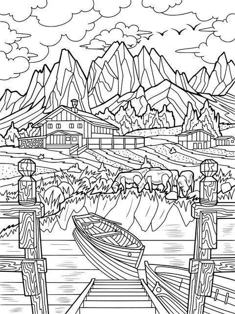 Rural Lakeside Scenery Coloring Page