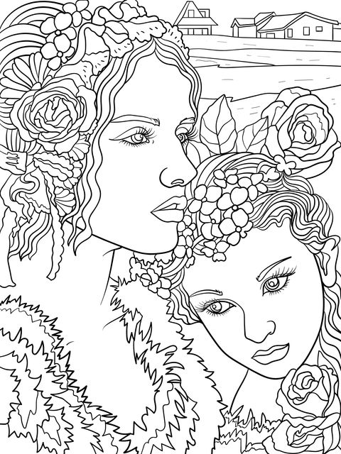 Mother - Daughter Floral Adorned Coloring Page