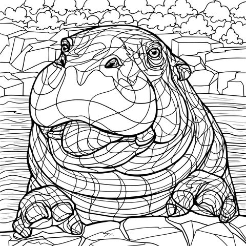 Hippo Coloring Page: A Lovable Hippo by the Riverbank Awaits Your Coloring