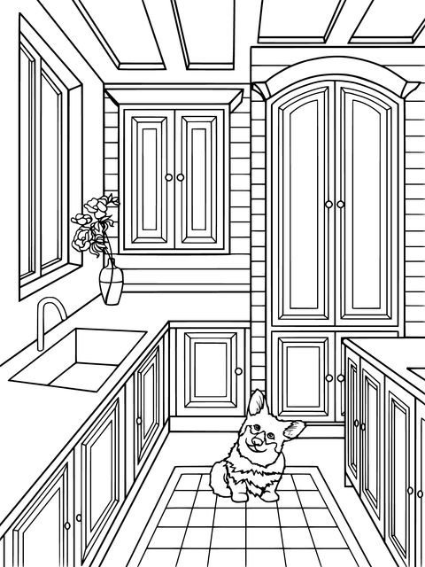 Cute Dog and Kitchen Scene Coloring Page